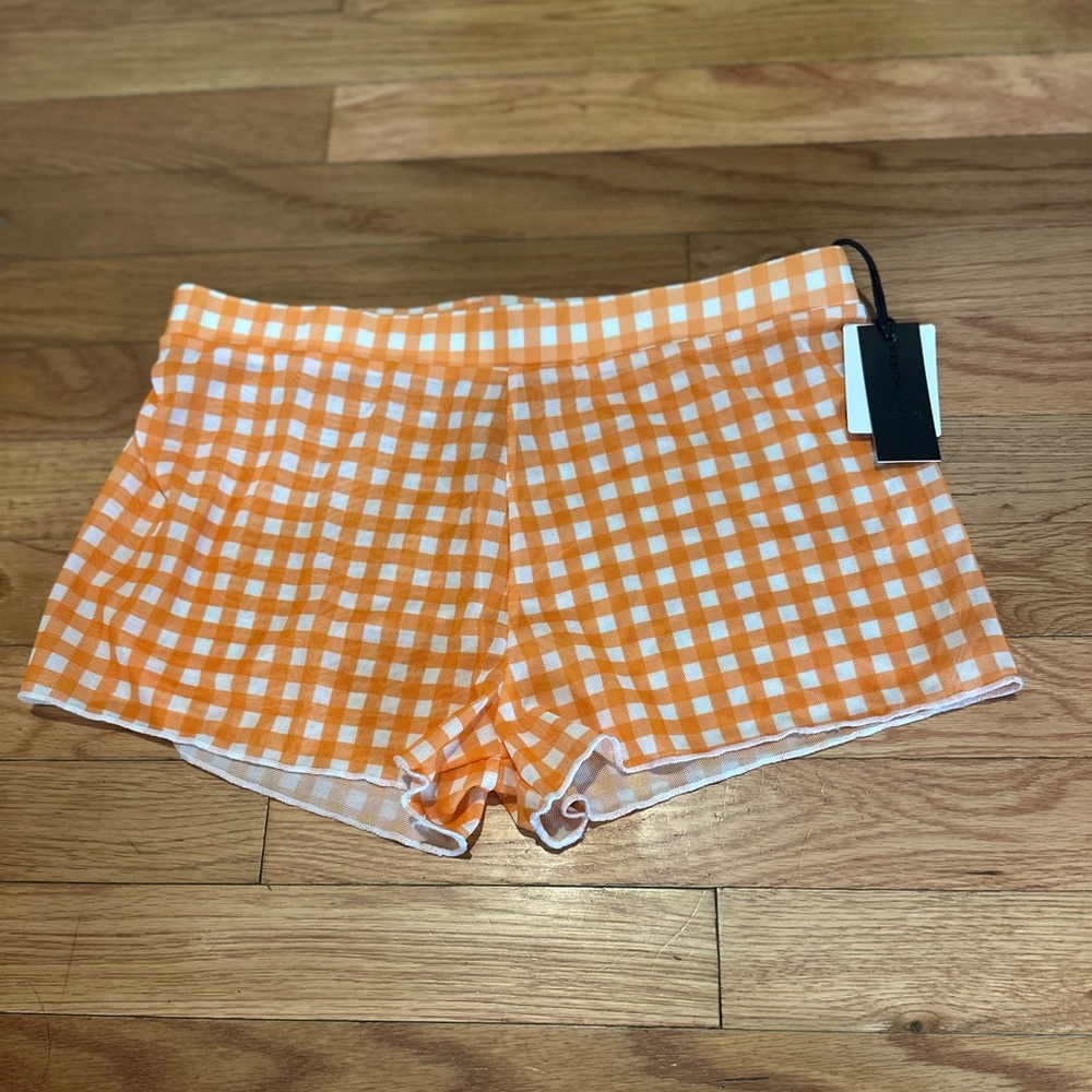 NWT Kendall & Kylie Swim Cover Up Shorts Orange White Plaid Mesh Small